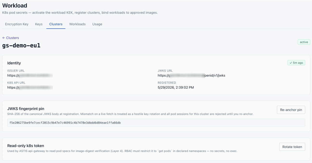 Clusters → gs-demo-eu1: registered cluster, JWKS fingerprint pin, read-only token