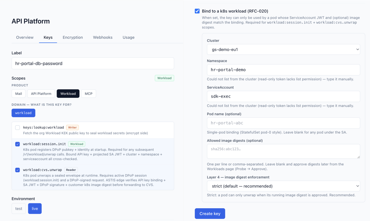 Keys → Create key · Workload · scopes + Bind to k8s workload (cluster / namespace / serviceaccount)