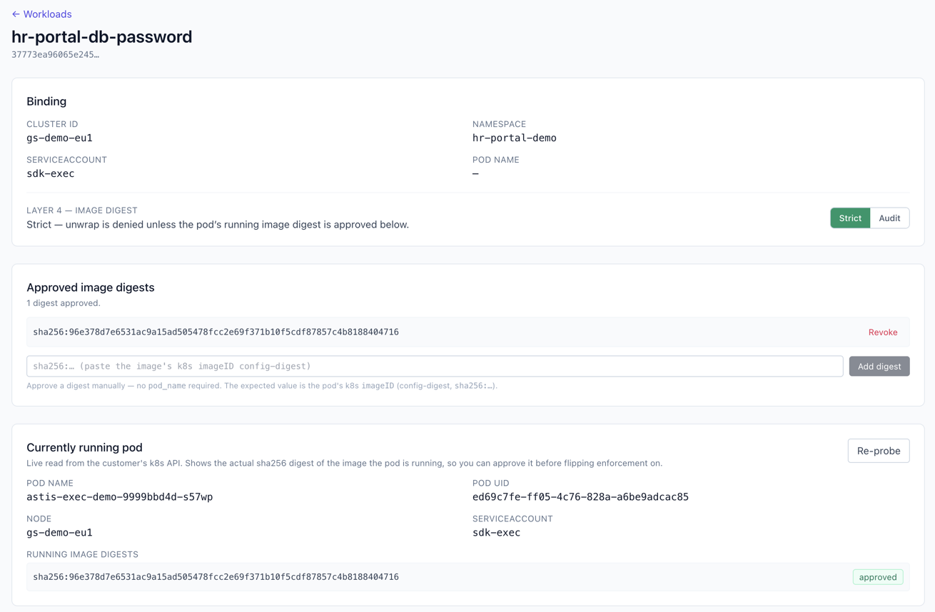 Workloads → binding + Layer-4 Strict: approve the image digest; live pod probe shows the running sha256